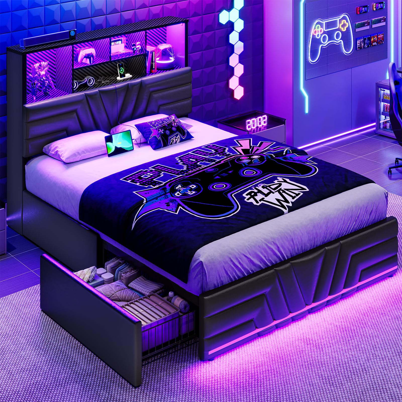 Esports Gaming Bed - 풀사이즈 침대 프레임(서랍 4개 및 수납형