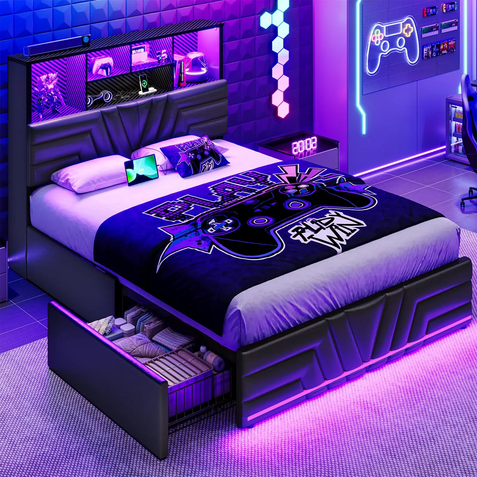 Esports Gaming Bed - 풀사이즈 침대 프레임(서랍 4개 및 수납형